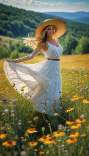 countrywoman,yellow sun hat,countrywomen,summer meadow,flowering meadow,meadow landscape,girl in flowers,meadow flowers,sun flowers,meadow,blooming field,gracefulness,field of flowers,high sun hat,beautiful girl with flowers,splendor of flowers,celtic woman,countrygirl,country dress,sun hat,Conceptual Art,Daily,Daily 32