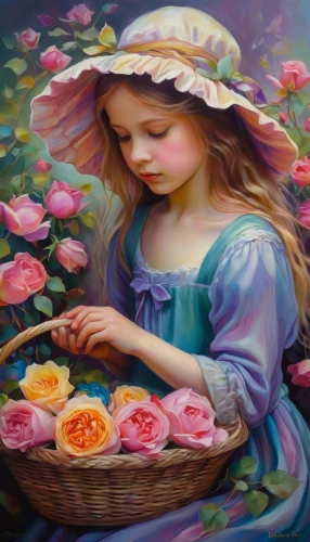 girl picking flowers,flower painting,girl in flowers,picking flowers,flowers in basket,beautiful girl with flowers,splendor of flowers,oil painting on canvas,girl in the garden,art painting,flower basket,girl picking apples,oil painting,fabric painting,holding flowers,flower girl,flower art,young girl,pittura,florists,Illustration,Realistic Fantasy,Realistic Fantasy 30