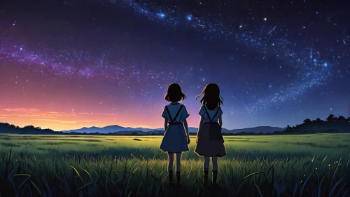 starry sky,clannad,stargazing,night sky,skygazers,nightsky,the night sky,tanabata,night stars,clear night,starlight,falling stars,evernight,dusk background,fireflies,romantic scene,love background,starlit,romantic night,moon and star background,Illustration,Japanese style,Japanese Style 05