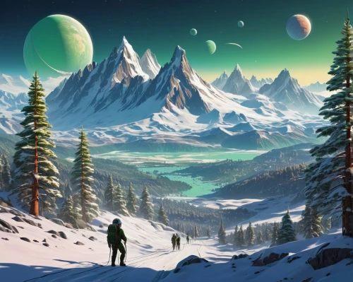 ice planet,gliese,alien planet,extrasolar,fantasy picture,sci fiction illustration,explorers,fantasy landscape,space art,snow landscape,lunar landscape,hyperborea,futuristic landscape,winter background,snowy peaks,snow mountains,homeworlds,alien world,snowy landscape,macroscale,Conceptual Art,Sci-Fi,Sci-Fi 20