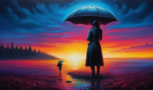 man with umbrella,oil painting on canvas,art painting,little girl with umbrella,surrealism,dubbeldam,rainfall,mary poppins,oil painting,the sun and the rain,fantasy picture,brolly,walking in the rain,world digital painting,surrealist,creative background,romantic scene,landscape background,poppins,blue rain,Illustration,Realistic Fantasy,Realistic Fantasy 25