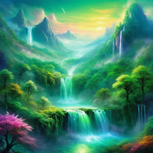 fantasy landscape,green waterfall,landscape background,fantasy picture,nature background,waterfalls,waterfall,fairy world,nature wallpaper,colorful background,water fall,nature landscape,alfheim,background colorful,fairy forest,fantasy art,forest landscape,elven forest,forest background,river landscape,Conceptual Art,Daily,Daily 32