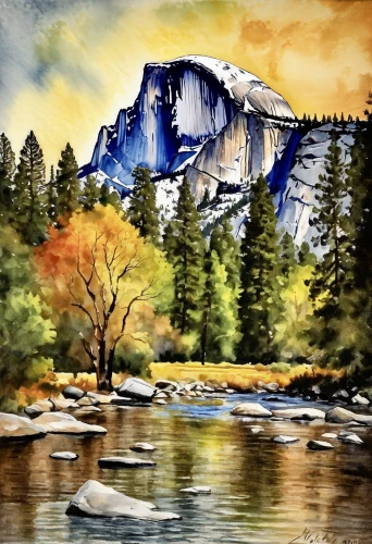 watercolor background,yosemite,watercolor,watercolor painting,water color,watercolor pine tree,watercolorist,yosemite park,fall landscape,tuolumne,autumn mountains,mountain scene,watercolor sketch,painting technique,half dome,el capitan,bridalveil,watercolourist,watercolour,watercolor tree