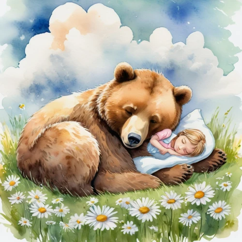 cuddling bear,baby with mom,maternal,sleeping bear,baby and teddy,watercolor baby items,little bear,cute cartoon image,bear cubs,for baby,nursery decoration,baby care,cute bear,baby bear,children's background,tenderness,bearhug,newborn,little girl and mother,teddy bear,Illustration,Paper based,Paper Based 25