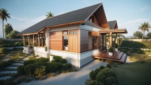 wooden house,3d rendering,holiday villa,javanese traditional house,bungalows,pool house,render,rumah,chalet,small house,bungalow,timber house,inverted cottage,sketchup,tropical house,house shape,summer house,grass roof,revit,residential house,Photography,General,Realistic