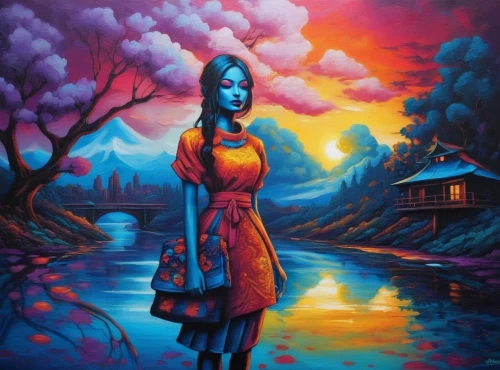 girl on the river,welin,mystical portrait of a girl,girl with tree,oil painting on canvas,art painting,blue painting,oil painting,orona,girl in a long,dream art,girl in a long dress,siggeir,dubbeldam,pintura,purple landscape,young woman,bohemian art,girl walking away,colorful background,Illustration,Realistic Fantasy,Realistic Fantasy 25