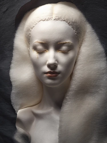 artist's mannequin,white fur hat,white lady,death mask,woman sculpture,goatskin,the angel with the veronica veil,felted,sculpting,sedna,sculpt,huyghe,suit of the snow maiden,decorative figure,unfired,blanketed,ivory,edmonia,sheepskin,sculpts,Photography,General,Realistic