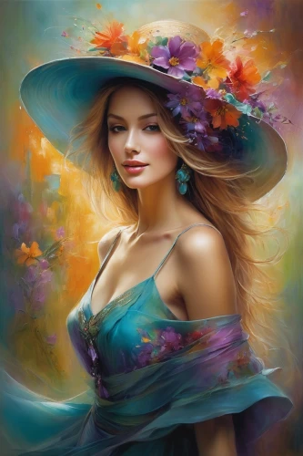 fantasy art,fantasy portrait,splendor of flowers,beautiful bonnet,the hat of the woman,colorful background,flower painting,boho art,romantic portrait,art painting,fantasy picture,the hat-female,beautiful girl with flowers,world digital painting,woman's hat,watercolor women accessory,boho art style,mystical portrait of a girl,portrait background,bohemian art,Conceptual Art,Daily,Daily 32