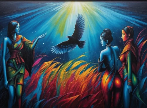 archangels,indigenous painting,shamanic,pentecost,fantasy art,shamanism,oil painting on canvas,orishas,mythography,neon body painting,skyclad,bodypainting,vivants,fantasy picture,mirror of souls,zadkiel,lateralus,mediumship,art painting,pentecostalist,Illustration,Realistic Fantasy,Realistic Fantasy 25