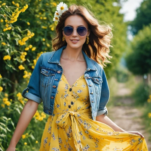 yellow daisies,yellow jumpsuit,colorful floral,beautiful girl with flowers,denim jumpsuit,blue floral,vintage floral,yellow and blue,girl in overalls,girl in flowers,floral,sunflower lace background,sunflowers,floral dress,flowery,giada,sunflower field,women fashion,yellow flowers,bright flowers,Photography,General,Realistic