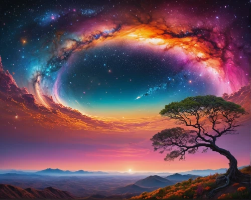 colorful tree of life,magic tree,fantasy picture,tree of life,fairy galaxy,fractals art,colorful spiral,astronomy,dreamscape,circle around tree,alien planet,fantasy landscape,the universe,fractal environment,planet alien sky,cosmic eye,dreamscapes,cosmically,colorful background,fractals,Photography,General,Natural