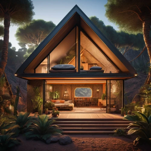 bungalow,cabana,inverted cottage,3d render,mid century house,holiday villa,summer cottage,house in the forest,the cabin in the mountains,forest house,small cabin,pool house,tropical house,cabanas,render,beautiful home,3d rendering,electrohome,bungalows,cabin,Photography,General,Sci-Fi