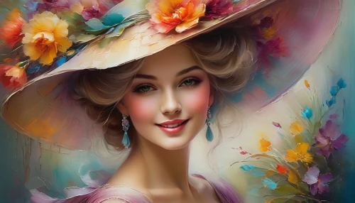 beautiful bonnet,flower painting,the hat of the woman,victorian lady,flower hat,splendor of flowers,romantic portrait,woman's hat,the hat-female,millinery,milliner,art painting,watercolor women accessory,flamenca,beguelin,a charming woman,girl wearing hat,girl in flowers,beautiful girl with flowers,fantasy portrait,Conceptual Art,Daily,Daily 32