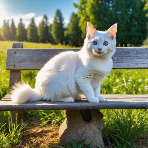 white cat,cat with blue eyes,cute cat,blue eyes cat,wooden bench,bench,park bench,calico cat,colotti,cat european,perched on a log,cat image,man on a bench,cat resting,european shorthair,korin,heterochromia,cat,garden bench,ragdoll,Photography,General,Realistic