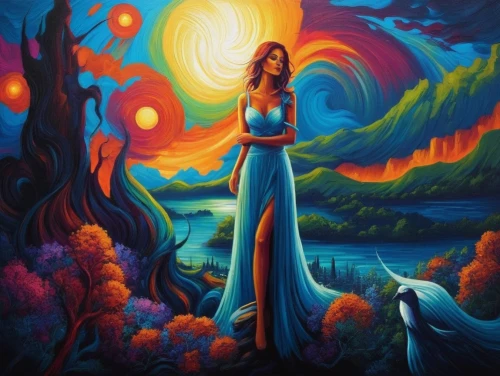 dubbeldam,fantasy picture,fantasy art,girl in a long dress,dreamtime,inanna,shamanic,amphitrite,ariadne,blue moon rose,mother earth,dream art,beltane,dreamscape,dreamscapes,bohemian art,sun moon,shamanism,vibrantly,persephone,Illustration,Realistic Fantasy,Realistic Fantasy 25