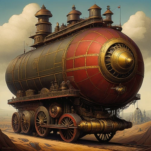 steampunk,train wagon,locomotive,merchant train,steamboy,tank cars,steam locomotive,ghost locomotive,steam engine,bathysphere,train engine,wooden train,steamrollers,steamrollered,airship,heavy goods train locomotive,steam locomotives,steam roller,train car,landship,Illustration,Abstract Fantasy,Abstract Fantasy 09