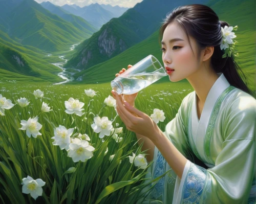 lilies of the valley,lily of the valley,shizong,lilly of the valley,lily of the field,oriental painting,yiping,zuoying,flower painting,longjing,sizhao,yanzhao,yinzhen,jasmine flower,fragrant snow sea,wenzhao,perfuming,qingming,scent of jasmine,splendor of flowers,Illustration,Realistic Fantasy,Realistic Fantasy 03