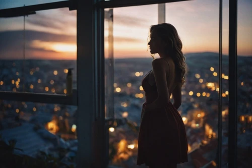 woman silhouette,girl in a long dress,in the evening,silhouette,soir,evening atmosphere,city lights,window view,nightdress,girl in a long dress from the back,overlooking,girl in red dress,citylights,above the city,city ​​portrait,evening city,night photograph,romantic night,window to the world,romantic portrait,Photography,General,Cinematic