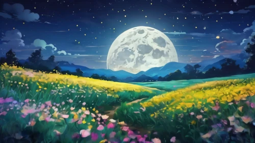 moon and star background,dandelion background,moonlit night,landscape background,dandelion meadow,dandelion field,moonlit,nature background,lunar landscape,meadow landscape,moon night,hanging moon,springtime background,blooming field,moonlight,moon at night,beautiful wallpaper,spring background,moonshining,the moon,Illustration,Japanese style,Japanese Style 04