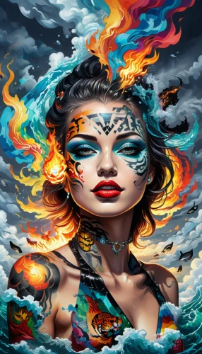 fire and water,sirens,aquarius,siren,fire background,medusa,fire siren,samudra,yamatai,fire artist,moana,sirena,samsara,poseidon,mermaid background,tidal wave,amaterasu,bodypainting,aquarian,mahakala,Illustration,Realistic Fantasy,Realistic Fantasy 39