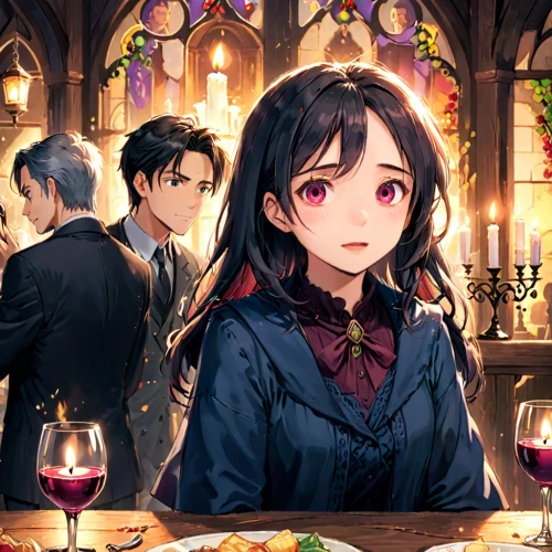izakaya,tableside,wine tavern,sommelier,wine tasting,wine bar,dinner party,hanako,long table,romantic dinner,bartender,watercolor cafe,red wine,wine,wine glasses,drinking party,paris cafe,liqueurs,cafe,dining,Anime,Anime,Traditional