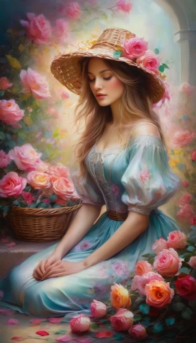 girl in flowers,flower painting,splendor of flowers,beautiful girl with flowers,girl picking flowers,fantasy picture,flower background,springtime background,girl in the garden,fantasy art,art painting,spring background,flower girl,flower fairy,romantic portrait,rosa 'the fairy,blue moon rose,flowers in basket,flower basket,beautiful bonnet,Conceptual Art,Daily,Daily 32