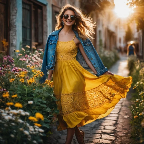 yellow daisies,yellow petal,girl in flowers,yellow jumpsuit,woman walking,beautiful girl with flowers,girl in a long dress,yellow petals,yellow and blue,yellow orange,golden flowers,yellow purse,girl walking away,yellow garden,yellow color,yellow flowers,bright flowers,sun flowers,women clothes,yellow,Photography,General,Fantasy