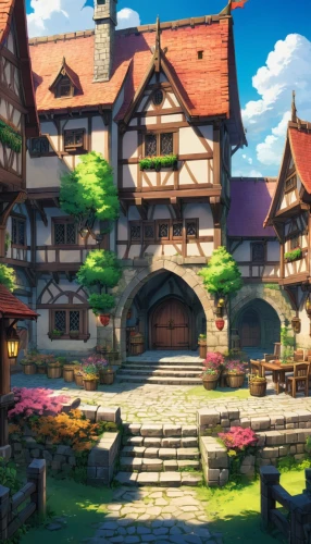 highstein,alpine village,sylvania,knight village,aurora village,oktoberfest background,escher village,butka,auberge,medieval town,arenanet,ghibli,rathskeller,townsquare,tavern,violet evergarden,studio ghibli,fairy tale castle,kinkade,rodenburg,Illustration,Japanese style,Japanese Style 03