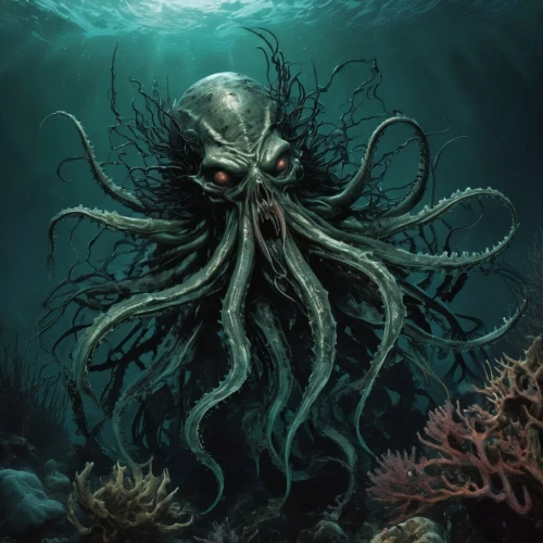 cthulhu,kraken,azathoth,lovecraftian,god of the sea,deep sea,deepsea,nekron,sea devil,sea god,kermadec,narcosis,illithid,octopus,vecna,prospal,abyssal,water creature,gravemind,undersea,Illustration,Realistic Fantasy,Realistic Fantasy 47