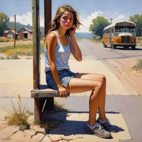 donsky,bus stop,the girl at the station,girl sitting,photorealist,busstop,mousseau,pintor,truckstop,vettriano,woman sitting,daines,girl making selfie,oil painting,girl with bread-and-butter,girl in a long,jeanneney,toole,nighthawks,nestruev,Conceptual Art,Oil color,Oil Color 09