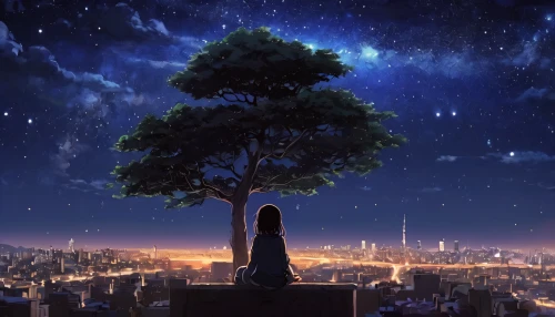 tanabata,violet evergarden,boogiepop,starry sky,the night sky,kizu,dusk background,night sky,nightsky,stargazing,starlight,sky tree,tsukihime,background screen,the girl next to the tree,overlooking,konan,beautiful wallpaper,skygazers,sakura background,Illustration,Japanese style,Japanese Style 05