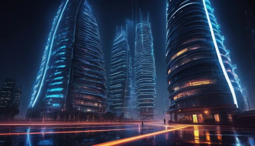 cybercity,urban towers,dubai marina,futuristic architecture,skyscrapers,light trails,futuristic landscape,dubai,light trail,futuristic,klcc,ctbuh,cyberport,electric tower,guangzhou,skyscraper,cybertown,long exposure,metropolis,hypermodern,Illustration,Japanese style,Japanese Style 14