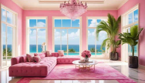 sunroom,great room,pink chair,palmbeach,beach house,paradisus,florida home,beauty room,livingroom,sitting room,cabana,dreamhouse,living room,breakfast room,interior design,luxury home interior,south beach,pastel wallpaper,tropical house,window with sea view,Illustration,Realistic Fantasy,Realistic Fantasy 22