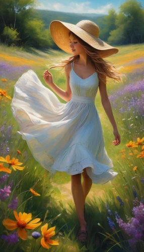girl in flowers,girl picking flowers,springtime background,walking in a spring,primavera,spring background,yellow sun hat,little girl in wind,girl in the garden,high sun hat,sun hat,girl in a long dress,world digital painting,picking flowers,flower background,flower painting,splendor of flowers,beautiful girl with flowers,field of flowers,woman walking,Conceptual Art,Daily,Daily 32