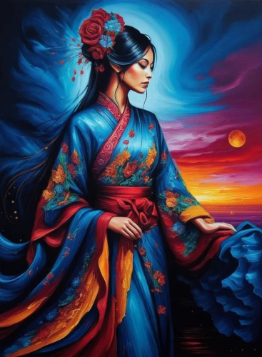 oriental princess,geisha girl,japanese art,oriental girl,geisha,inner mongolian beauty,flamenca,oriental painting,mongolian girl,asian woman,oriental,maiko,oiran,seimei,kunqu,rongfeng,hanfu,japanese woman,vietnamese woman,yi sun sin,Illustration,Realistic Fantasy,Realistic Fantasy 25