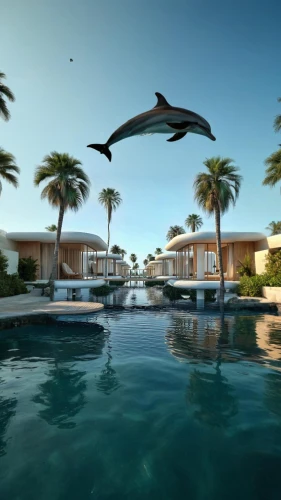 dolphin fountain,a flying dolphin in air,3d rendering,flying island,amanresorts,dolphin show,holiday villa,infinity swimming pool,palmilla,dolphin school,dolphin background,pool house,resort,swimming pool,elasmosaurus,dolphin coast,iberostar,paradisus,dolphin swimming,the dolphin
