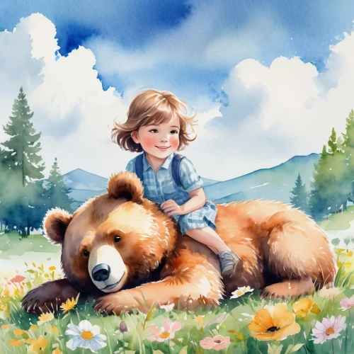 kids illustration,little bear,heatherley,watercolor background,children's background,cute bear,girl and boy outdoor,little boy and girl,watercolor painting,meadow play,bear teddy,bear,bearishness,brown bear,orso,brown bears,cuddling bear,watercolor,scandia bear,bearhug,Illustration,Paper based,Paper Based 25