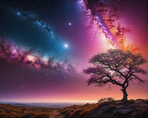 colorful stars,fairy galaxy,magic tree,colorful tree of life,moon and star background,galaxy,galaxy collision,astronomy,fantasy picture,colorful star scatters,star sky,planet alien sky,the milky way,rainbow and stars,the night sky,isolated tree,starscape,purple landscape,lone tree,astronomical,Photography,General,Natural