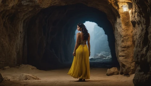 cave girl,yellow jumpsuit,iphigenia,girl in a long dress,grotte,cavewoman,cave,yellow light,cave woman,woman at the well,cave tour,inanna,empty tomb,sithara,girl in a long dress from the back,cave church,cavern,caves,yellow,ancient egyptian girl,Photography,General,Realistic