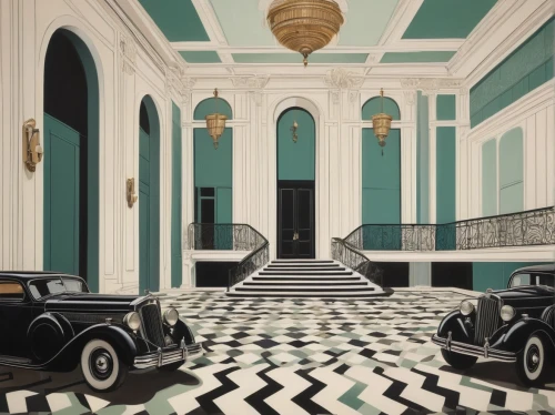 bawden,art deco,art deco background,siddeley,lanesborough,rolls royce 1926,roaring twenties,ballroom,wolseley,bentleys,forecourt,ballrooms,checkered floor,futuh,entrance hall,belgravia,floor tiles,wontner,cullinan,daimlers,Illustration,Abstract Fantasy,Abstract Fantasy 05