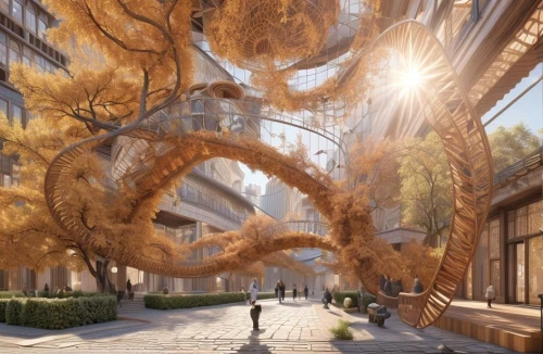 heatherwick,golden wreath,skyways,lantern string,unbuilt,3d rendering,graecorum,sky space concept,renderings,flying seeds,luminous garland,spider silk,quipu,skybridge,arbor,marunouchi,dandelion parachute ball,render,urban design,spider the golden silk