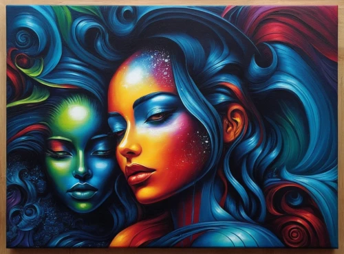 neon body painting,oil painting on canvas,gemini,priestesses,reinas,vibrantly,chicanas,duenas,pintura,art painting,two girls,pinturas,companias,bodypainting,colorists,multicolor faces,airbrush,painting technique,paschke,rhinemaidens,Illustration,Realistic Fantasy,Realistic Fantasy 25