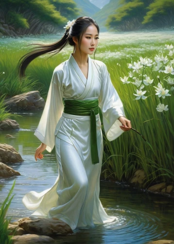 hanfu,water lotus,lilly of the valley,kunqu,jinling,wuxia,taijiquan,yinzhen,zhiyuan,jasmine blossom,white water lilies,rongfeng,guqin,white blossom,ao dai,oriental princess,scent of jasmine,yimou,xiaofei,songling,Illustration,Realistic Fantasy,Realistic Fantasy 03