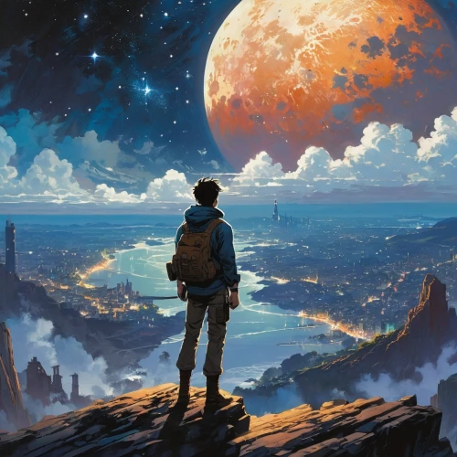 world digital painting,the wanderer,beautiful wallpaper,violinist violinist of the moon,lunar,moon and star background,wanderer,horizon,escapism,traveler,earth rise,space art,dream world,explorer,valley of the moon,terraform,the horizon,explorers,sci fiction illustration,fantasy picture,Illustration,Japanese style,Japanese Style 06