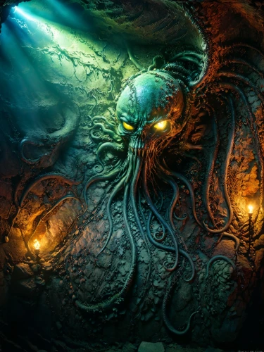 azathoth,cthulhu,deep sea nautilus,nyarlathotep,gravemind,hastur,lovecraftian,charybdis,lovecraft,underdark,kadath,eldritch,illithid,dagon,hastula,sea god,god of the sea,deepsea,deep sea,tentacular,Illustration,Realistic Fantasy,Realistic Fantasy 06