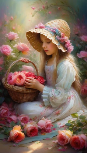 girl in flowers,girl picking flowers,gekas,flower painting,flower fairy,splendor of flowers,beautiful girl with flowers,flower hat,flower girl,girl in the garden,faery,flower background,blooming roses,picking flowers,rosa 'the fairy,peach rose,beautiful bonnet,fantasy picture,primavera,scent of roses,Conceptual Art,Daily,Daily 32