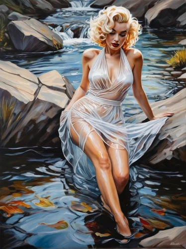 the blonde in the river,marilyn monroe,marylin monroe,girl on the river,connie stevens - female,marylyn monroe - female,marylin,bather,vanderhorst,pin-up girl,streamside,washerwoman,flowing water,marilynne,watercolor pin up,piddling,oil painting,domergue,pin-up model,pin up girl,Conceptual Art,Oil color,Oil Color 08