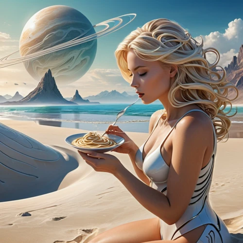 girl with cereal bowl,sci fiction illustration,fantasy picture,fantasy art,world digital painting,girl on the dune,donsky,woman with ice-cream,amphitrite,3d fantasy,terra,futuristic landscape,woman drinking coffee,horoscope libra,woman holding pie,barsoom,saucer,saturn,fantasy landscape,andromeda,Conceptual Art,Sci-Fi,Sci-Fi 24