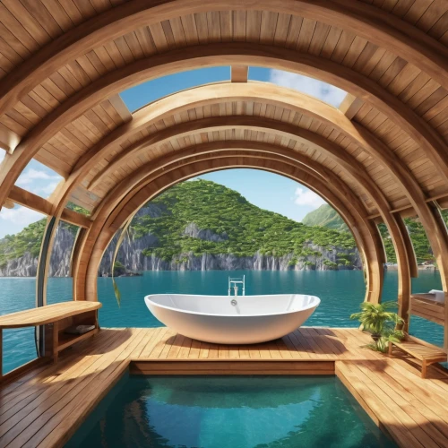 floating huts,over water bungalows,wooden sauna,houseboat,pool house,tree house hotel,houseboats,round hut,wooden boat,floating island,roof domes,cabana,luxury bathroom,mustique,floating islands,summer house,inverted cottage,earthship,over water bungalow,cabanas,Photography,General,Realistic