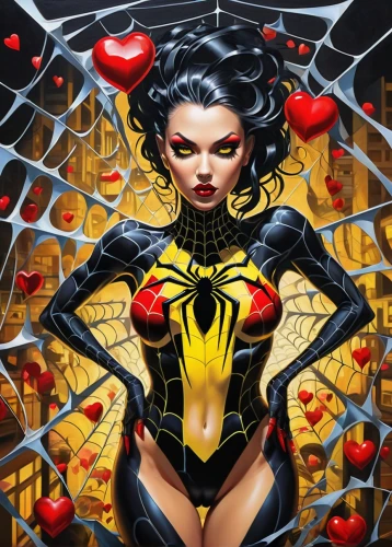 blackarachnia,queen of hearts,black widow,harnessed,batgirl,villainess,selina,flamebird,madelyne,corazon,batwoman,fantasy woman,wasp,catwoman,kryptarum-the bumble bee,witchblade,yellow and black,spider's web,arachne,deathbird,Art,Artistic Painting,Artistic Painting 45